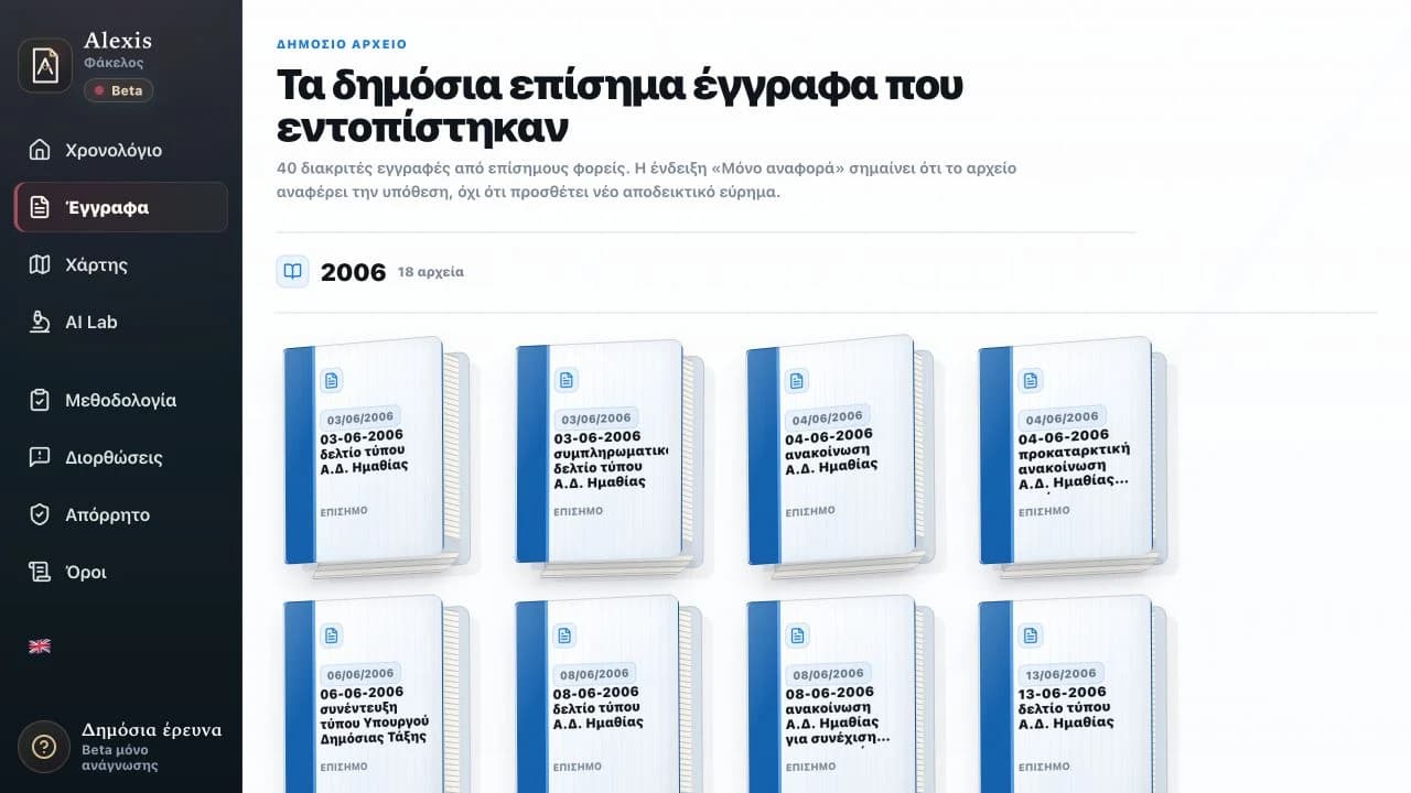 Η οργανωμένη βιβλιοθήκη δημόσιων εγγράφων του Alexis Casefile.